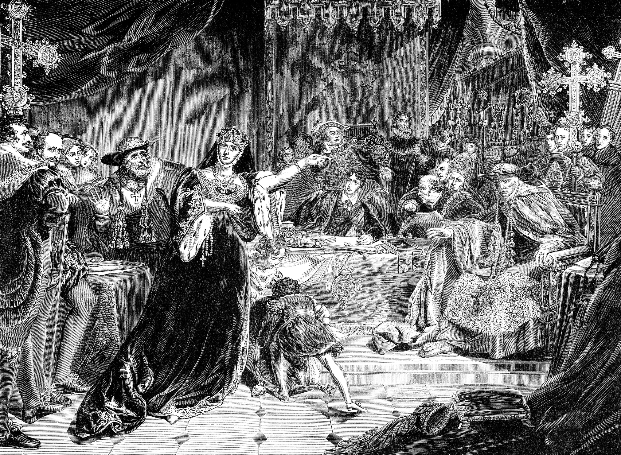 An engraved vintage illustration image of the trial of Catherine Of Aragon, queen of England, UK, from a Victorian book dated 1868 that is no longer in copyright